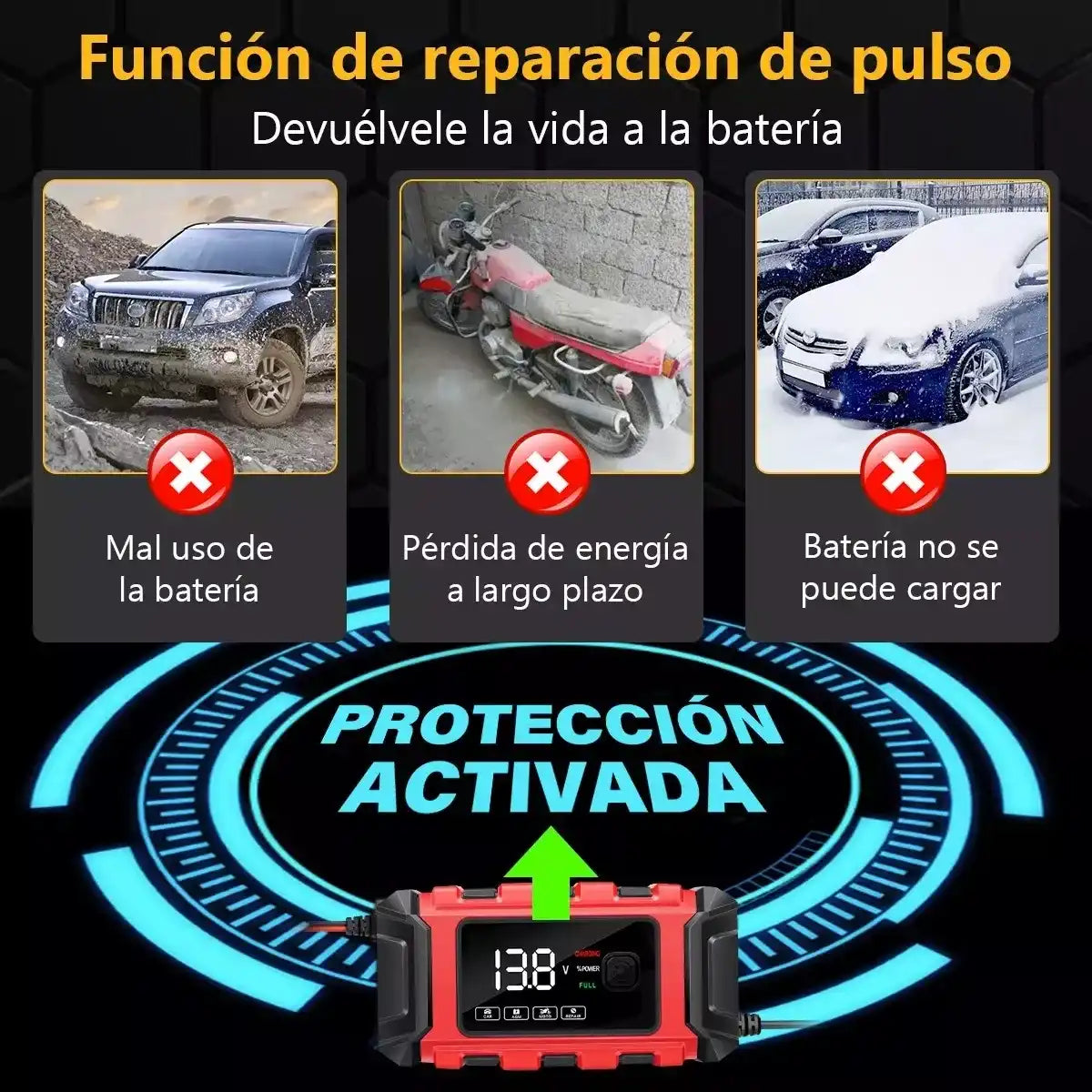 ⚡ PowerCharge™ – Cargador Inteligente Para Baterías de Carro y Moto 🔋❤️